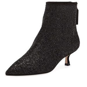 XYD Black Glitter Low Kitten Heel Pointed Toe Side Zips Ankle Boots Dress Shoes